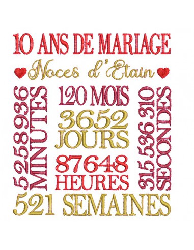 Motif de broderie machine  noces d étain 10 ans de mariage