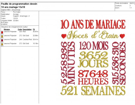 Motif de broderie machine  noces d étain 10 ans de mariage