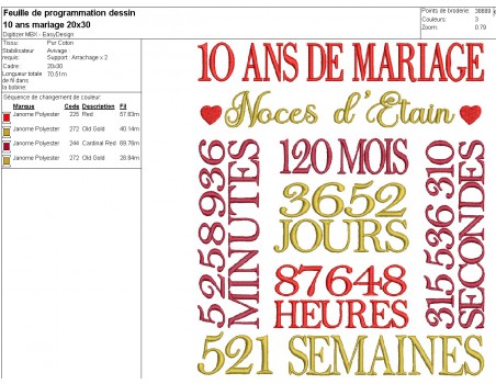 Motif de broderie machine  noces d étain 10 ans de mariage