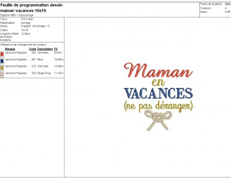 Motif de broderie machine  texte  maman en vacances