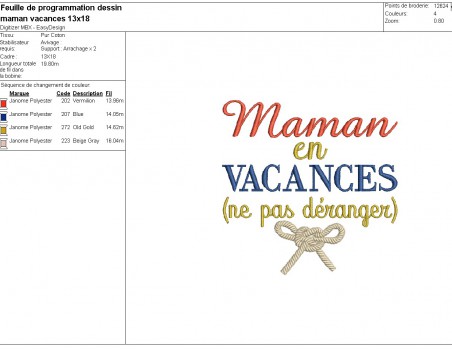 Motif de broderie machine  texte  maman en vacances