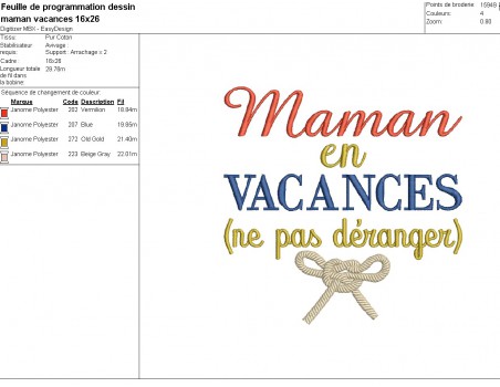 Motif de broderie machine  texte  maman en vacances