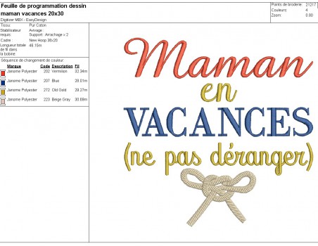 Motif de broderie machine  texte  maman en vacances