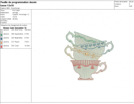 Motif de broderie machine tasses porcelaine