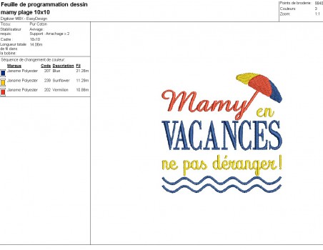 Motif de broderie machine  texte  mamy en vacances