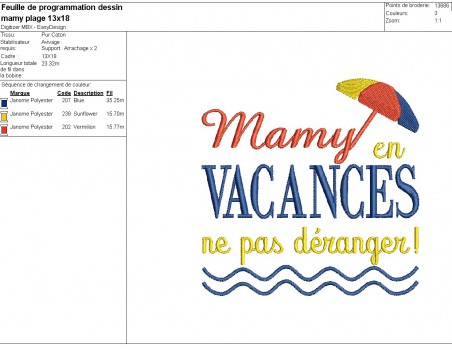 Motif de broderie machine  texte  mamy en vacances