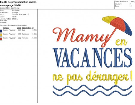 Motif de broderie machine  texte  mamy en vacances