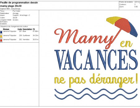 Motif de broderie machine  texte  mamy en vacances