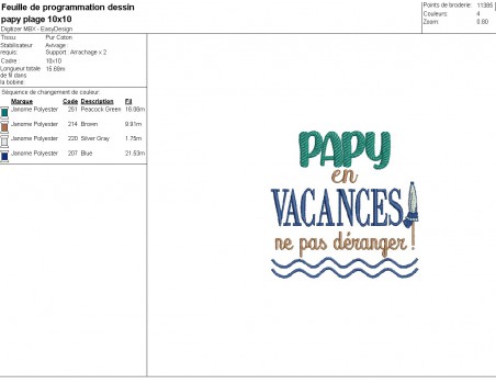 Motif de broderie machine  texte  papy en vacances