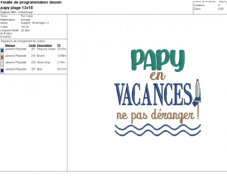 Motif de broderie machine  texte  papy en vacances