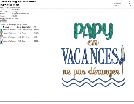 Motif de broderie machine  texte  papy en vacances