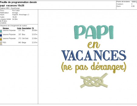 Motif de broderie machine papi en vacances