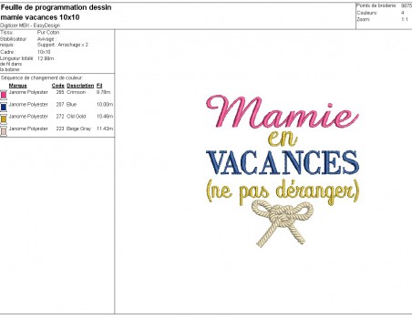 Motif de broderie machine  texte  mamie en vacances