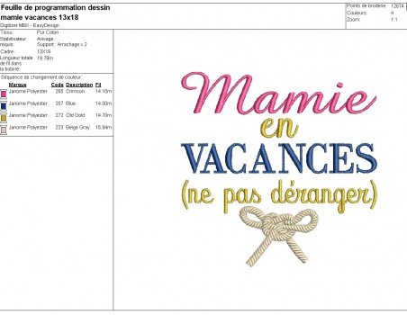 Motif de broderie machine  texte  mamie en vacances