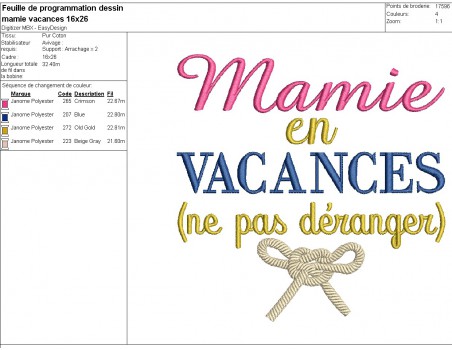 Motif de broderie machine  texte  mamie en vacances