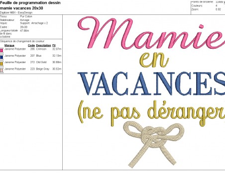 Motif de broderie machine  texte  mamie en vacances