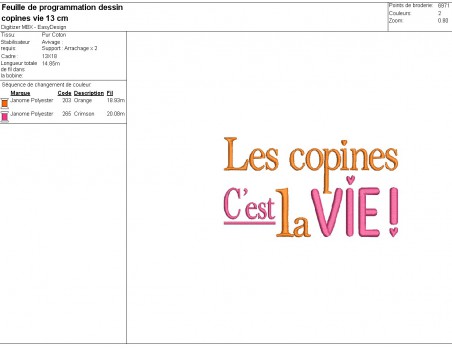 Motif de broderie machine  texte  les copines c est la vie