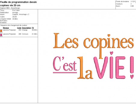 Motif de broderie machine  texte  les copines c est la vie