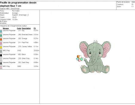 Motif de broderie machine bébé éléphant avec sa fleur