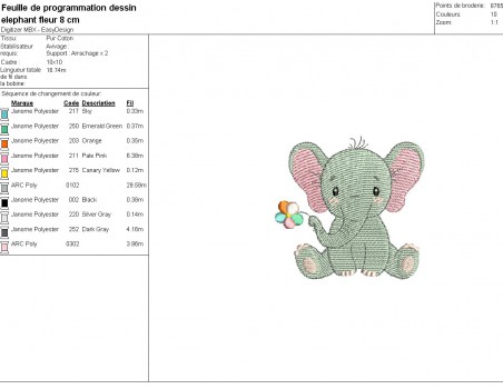 Motif de broderie machine bébé éléphant avec sa fleur
