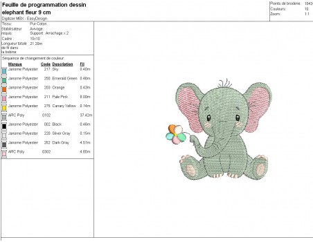 Motif de broderie machine bébé éléphant avec sa fleur