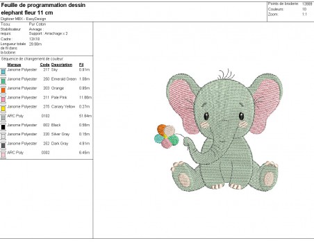 machine embroidery design elephant with his flower