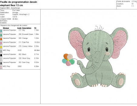 Motif de broderie machine bébé éléphant avec sa fleur