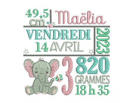 Motif de broderie machine éléphant journal de naissance