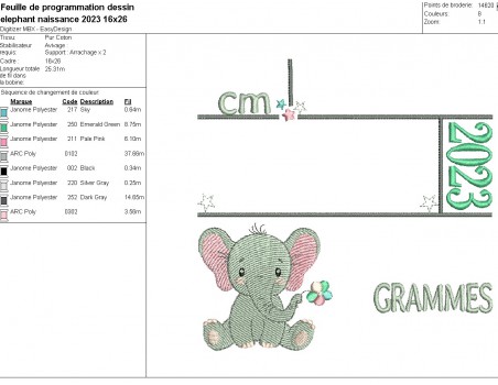machine embroidery design customizable birth journal elephant
