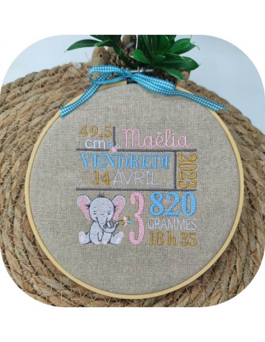 machine embroidery design customizable birth journal elephant