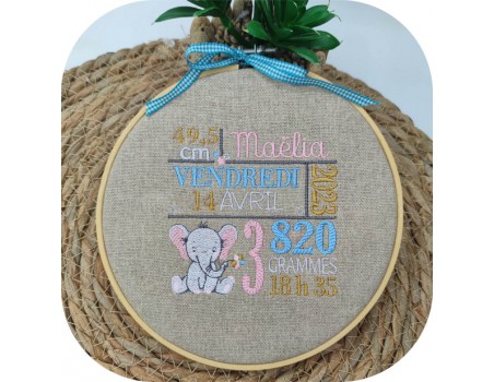 machine embroidery design customizable birth journal elephant