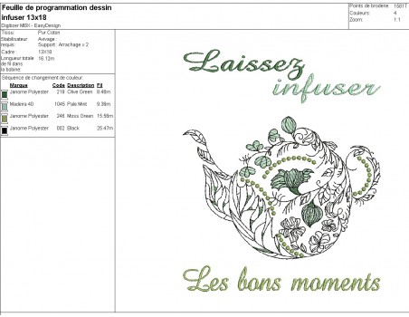 Motif de broderie machine  texte  infusions