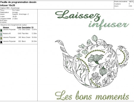 Motif de broderie machine  texte  infusions