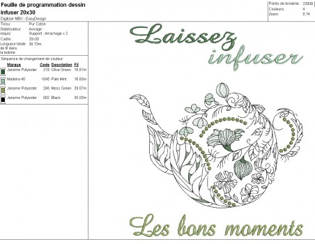 Motif de broderie machine  texte  infusions