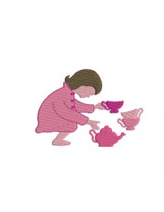 Motif de broderie machine silhouette fille avec sa dinette