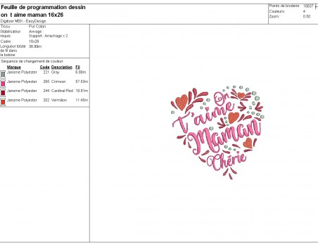 Motif de broderie machine  coeur on taime maman