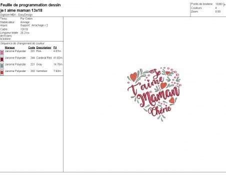 Motif de broderie machine  coeur je t aime maman