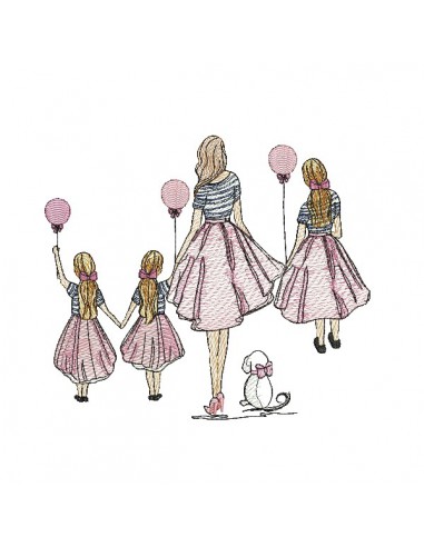 machine embroidery design  rippled mother with her twin daughters and daughter