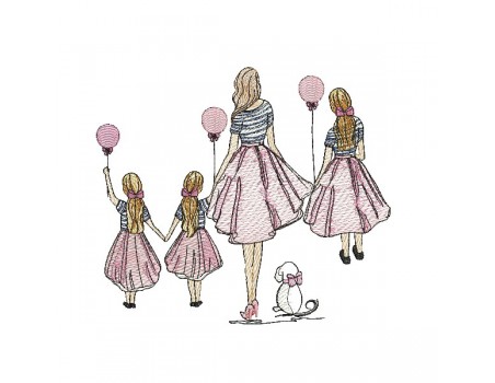 machine embroidery design  rippled mother with her twin daughters and daughter