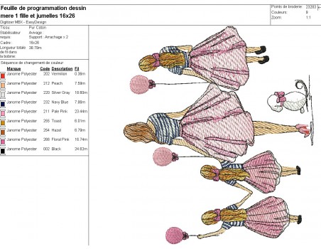 Motif de broderie machine  mère avec sa fille et  ses jumelles