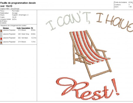 Motif de broderie machine transat  I can t, i have, Rest!