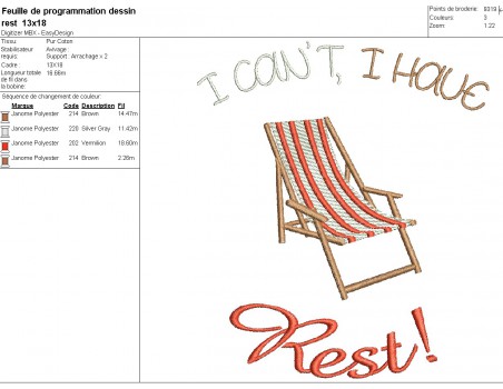 Instant download machine embroidery design deckchair I can t, i have, Rest!