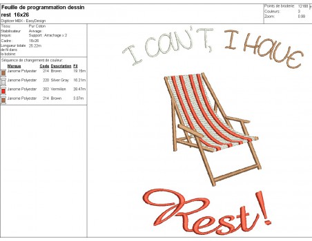 Motif de broderie machine transat  I can t, i have, Rest!