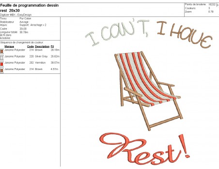 Instant download machine embroidery design deckchair I can t, i have, Rest!