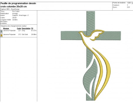 Motif de broderie machine croix colombe moderne
