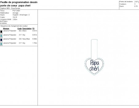 Motif de broderie machine porte clés coeur papa chéri  ITH