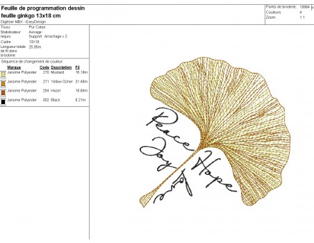 Motif de broderie machine  feuille ginkgo biloba