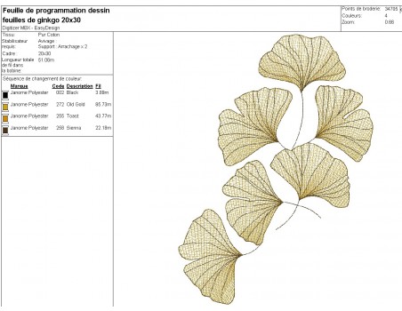 Motif de broderie machine mylar feuilles ginkgo biloba