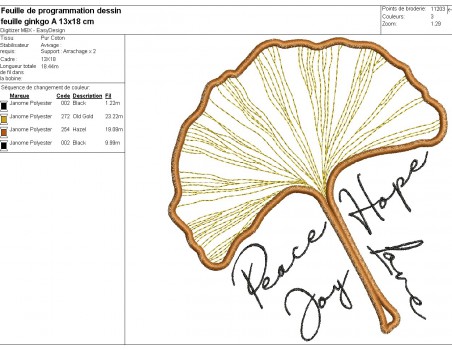 Motif de broderie machine appliqué feuille ginkgo biloba