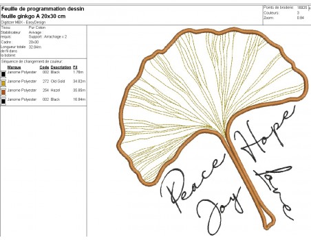 Motif de broderie machine appliqué feuille ginkgo biloba